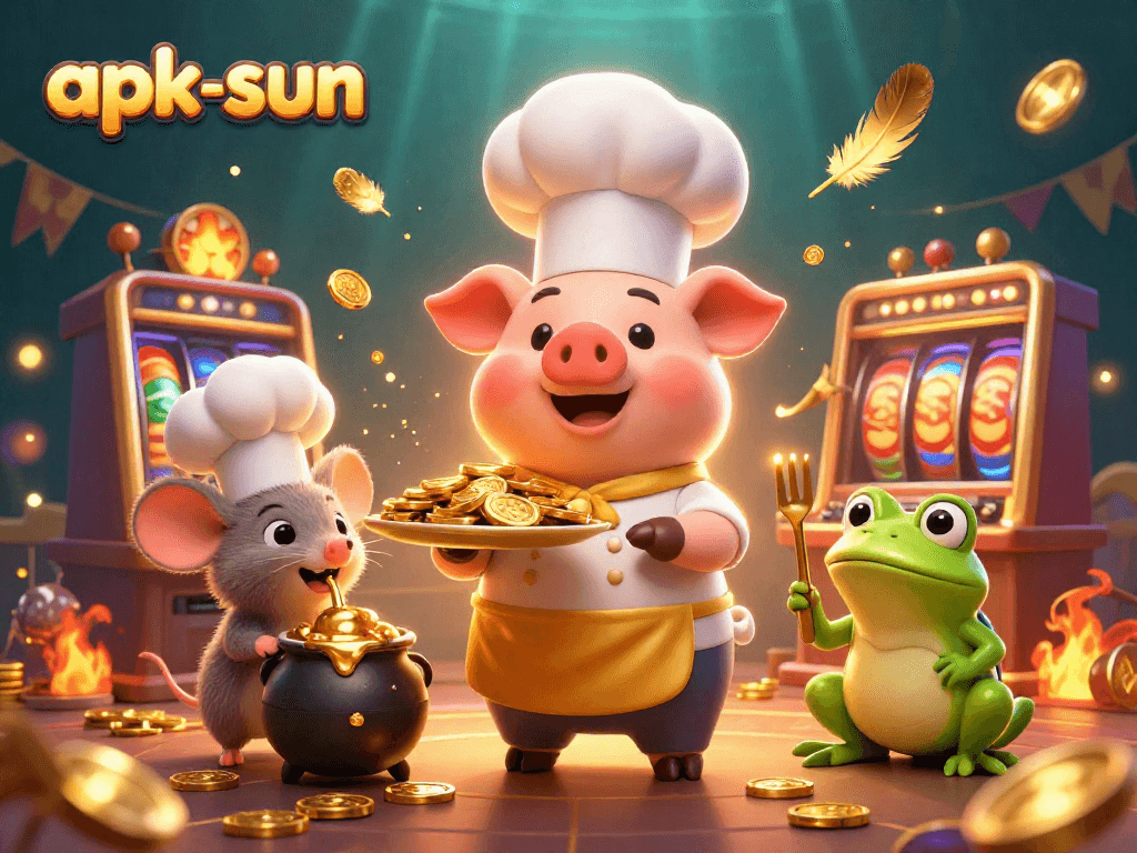 Engage with apk-sun's vibrant casino scene featuring a pig chef, gold coins, and slot machines.