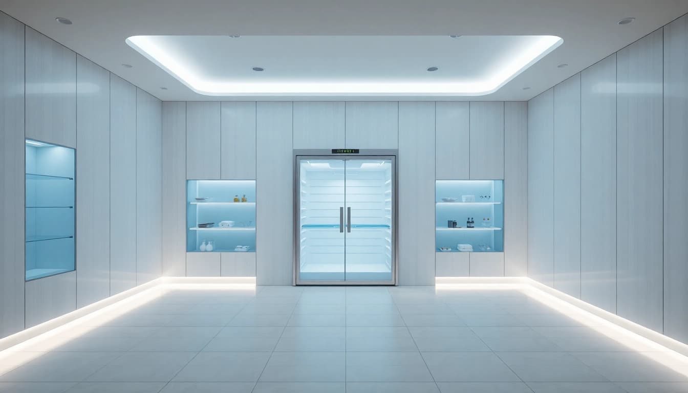 Kältekammer im minimalistischen Design zeigt einen einladenden Raum für Kryotherapie-Behandlungen.