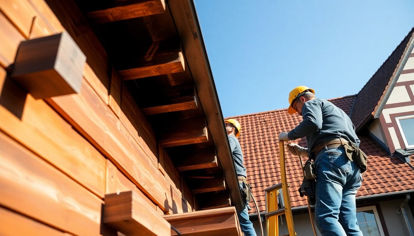 Münster Dachdecker reparieren das Dach eines Hauses mit traditionellem Handwerk.