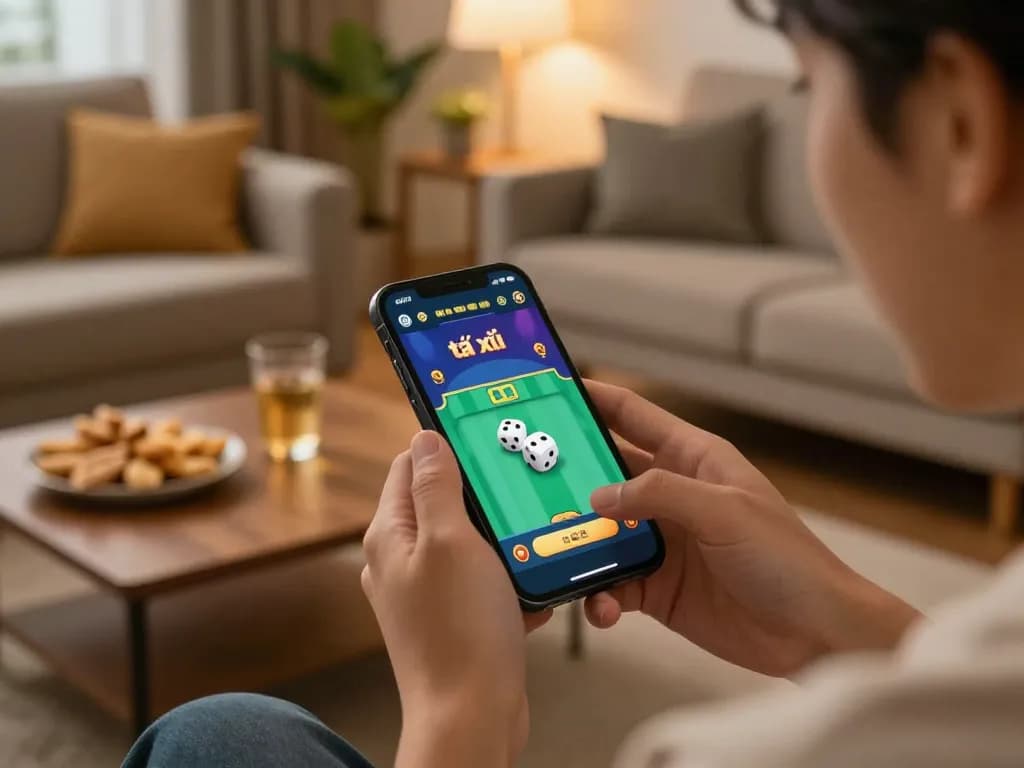 Engaged user playing app tài xỉu on smartphone, showcasing live dealer experience.