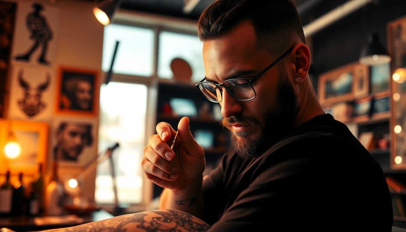 Tattoo artist demonstrating skill at Tattoo Studio München with intricate designs and professional equipment.