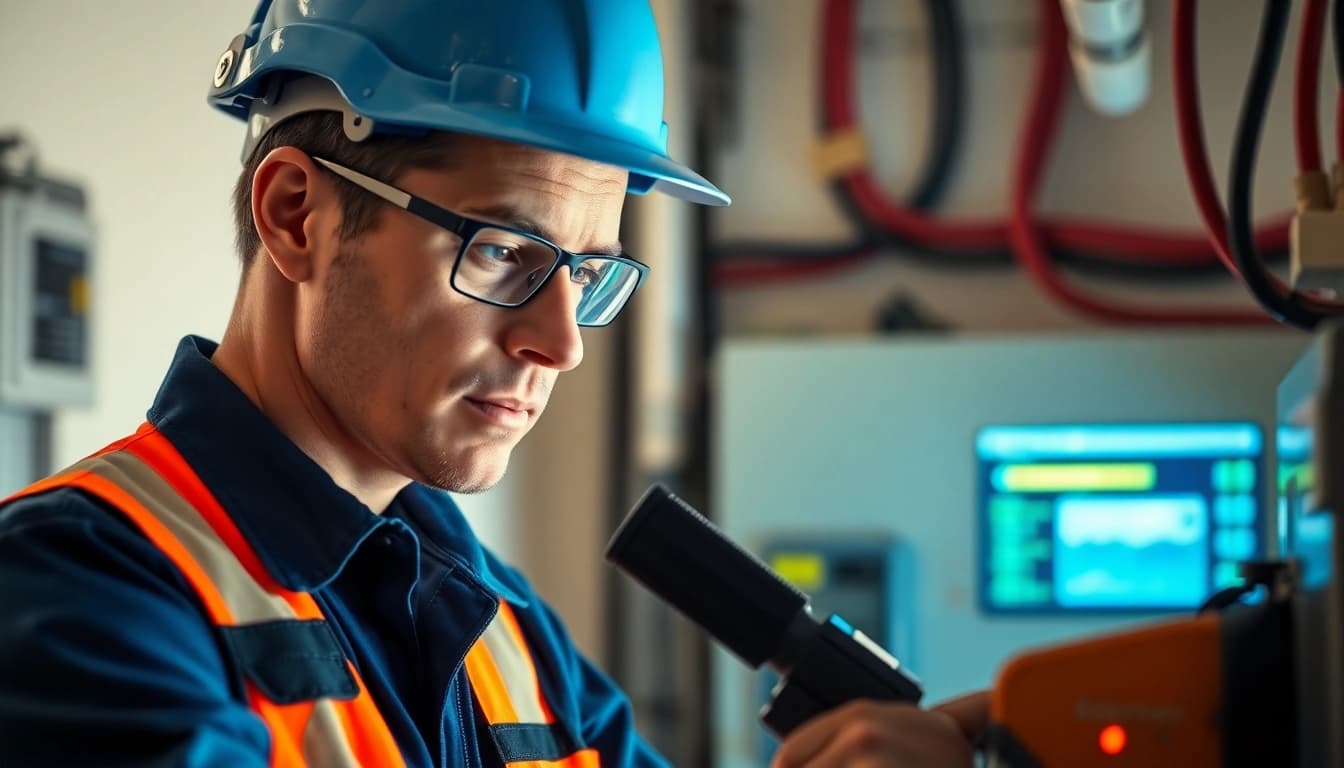 Electrician conducting a DGUV V3 Prüfung with tools, showcasing expertise and diligence in safety inspections.