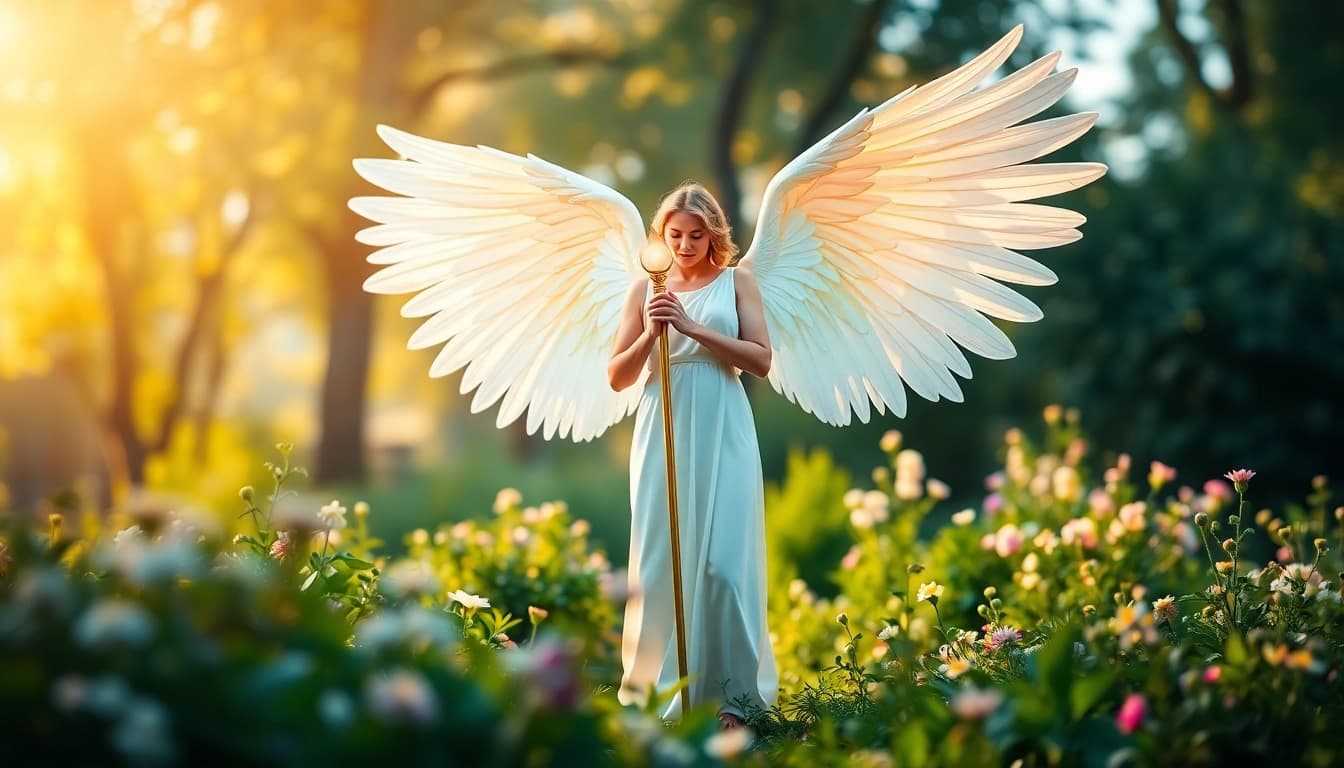 Erzengel Raphael in einem friedlichen Garten voller Schönheit und Licht.