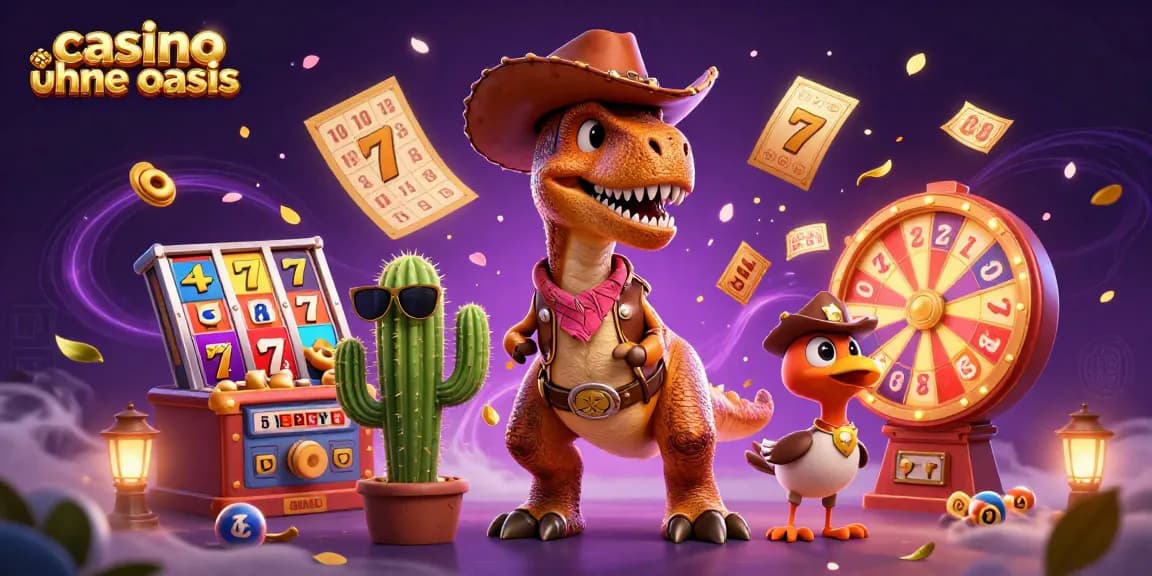 Experience thrilling gameplay at casino ohne oasis with a fun T-Rex, cactus, and roadrunner amidst vibrant slot machines.