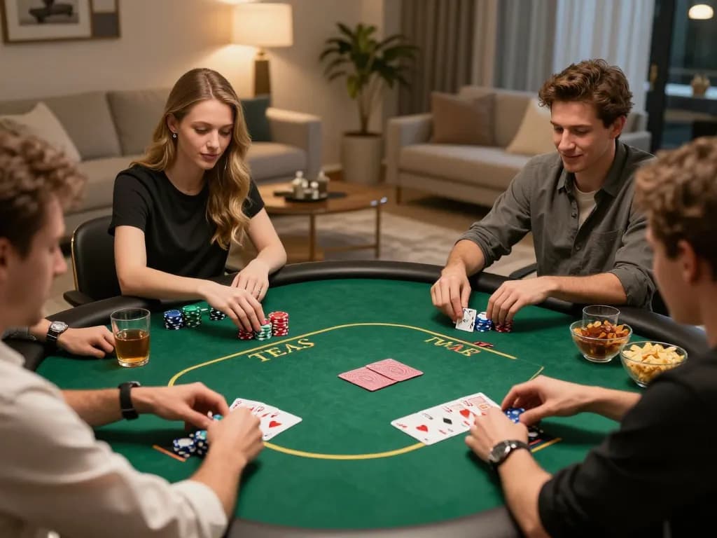 Friends enjoying a poker night at 68 Game Bài, showcasing competitive gameplay and social interaction.