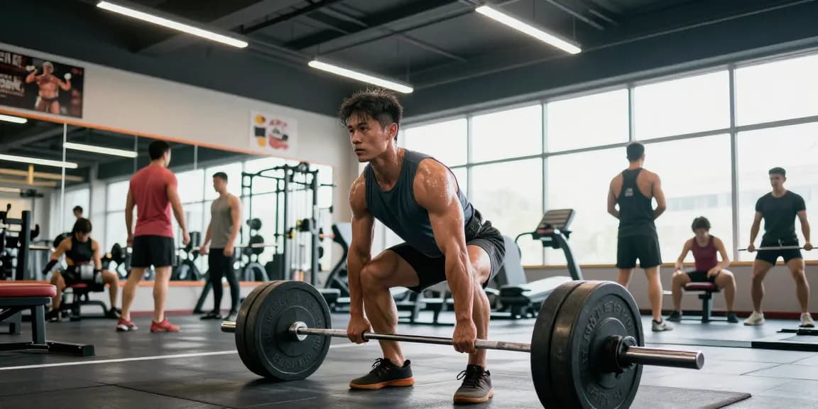 Im Anabolika Shop trainiert ein muskulöser Sportler mit Gewichten in einem modernen Fitnessstudio.