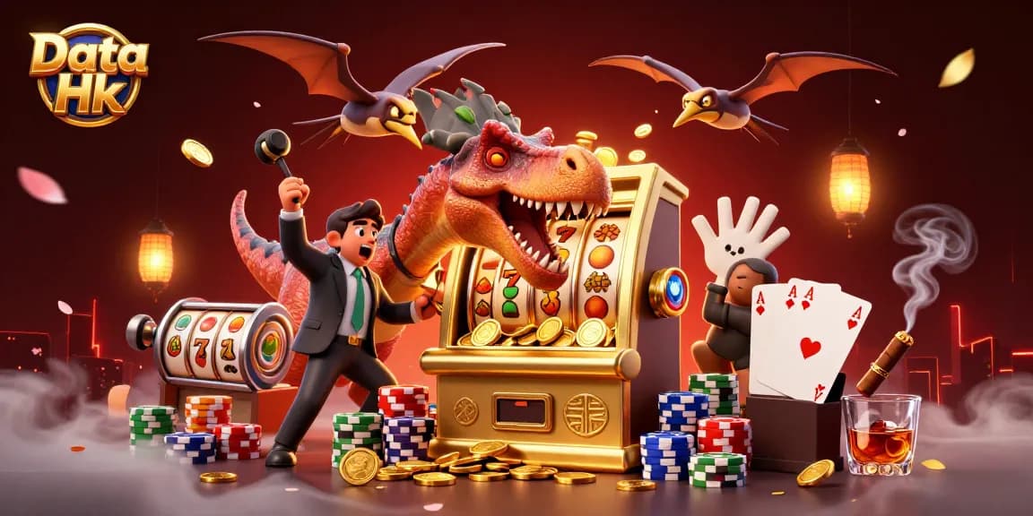 Data Hk slots come alive as a dinosaur headbutts a golden machine amid flying coins.