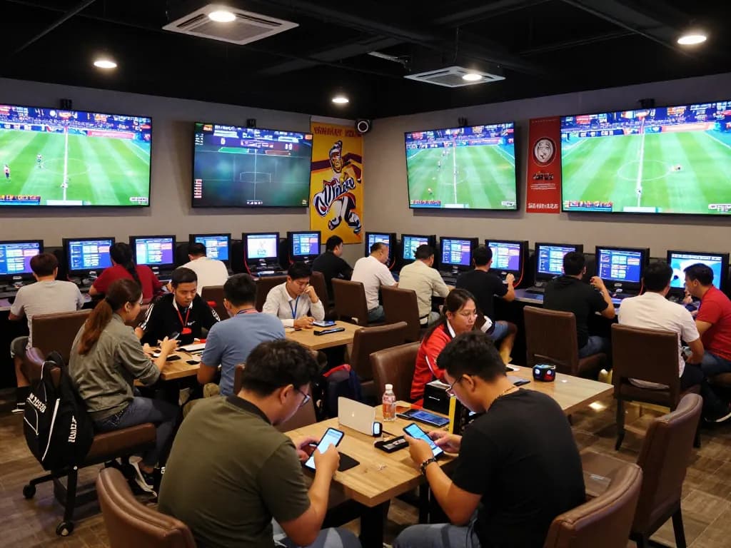 Tỷ lệ kèo nhà cái hôm nay displayed in a lively sports betting lounge with excited fans.