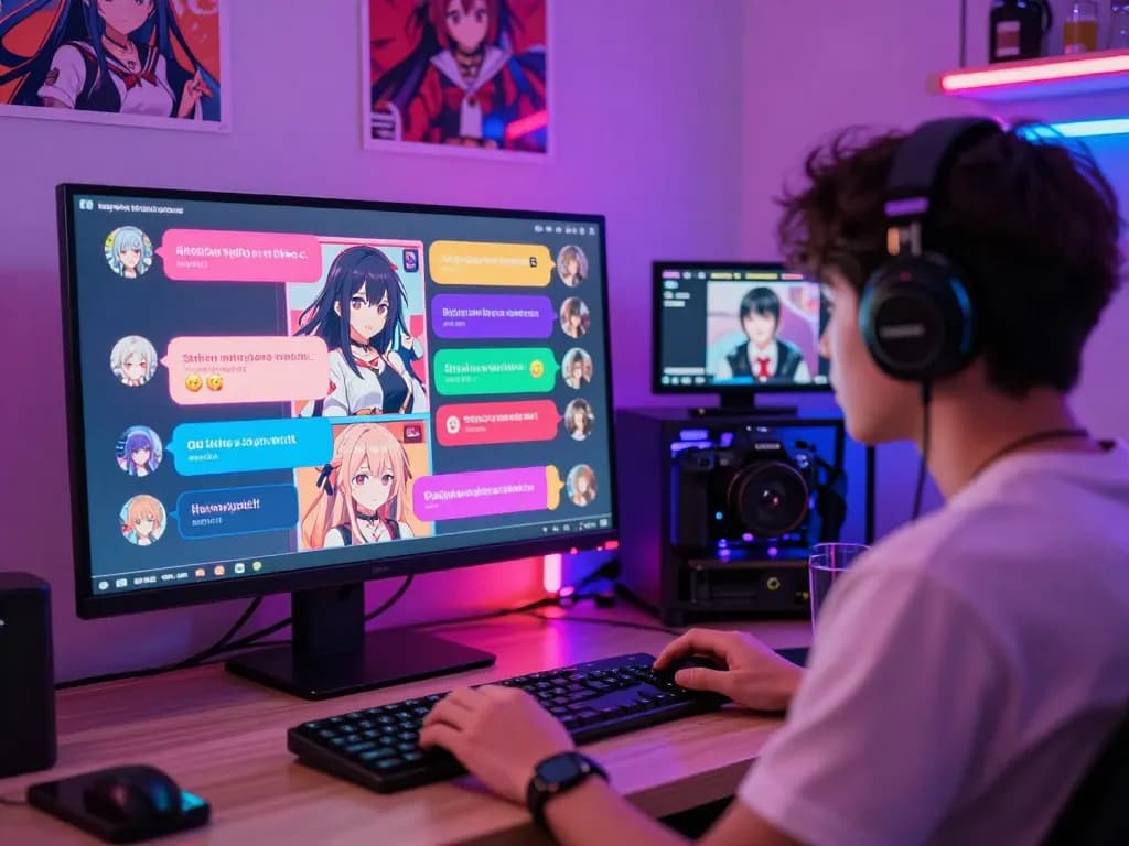 User interacting in a vibrant hentai AI chat environment with colorful digital avatars and engaging dialogues.