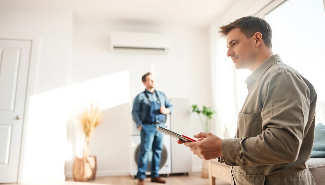 Von Ölheizung auf Wärmepumpe wechseln: Techniker prüft moderne Wärmepumpe in einem Wohnraum.