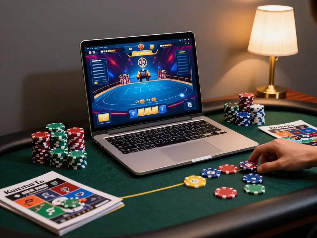 Kuwin online gaming session showcasing strategic poker gameplay on a laptop with chips and strategy materials.