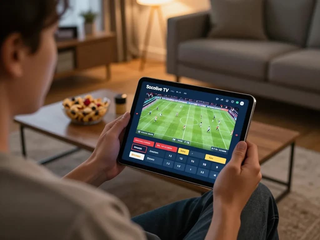 Socolive TV user engaged in live sports betting from a cozy home, showcasing dynamic interface and happy atmosphere.