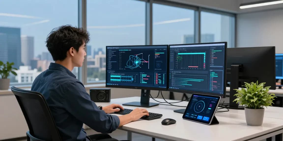 Mullvad VPN Test analysis in a modern digital workspace with multiple screens.