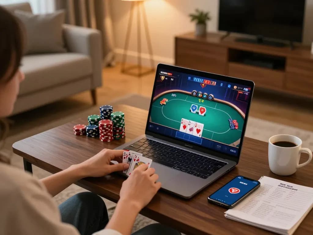 Engaging in poker on 888NEW platform from a cozy home setup.