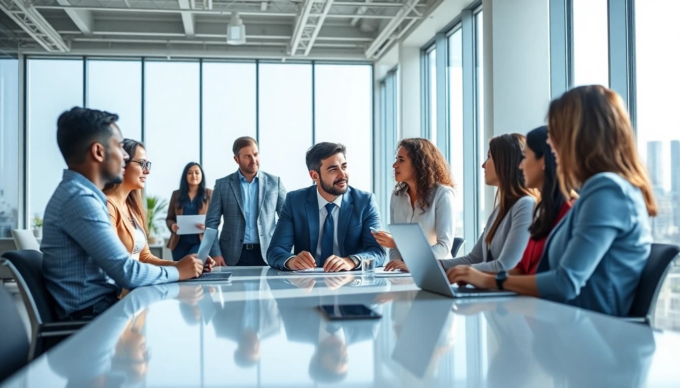Headhunter IT in a professional setting, engaging with a diverse team in a bright office.
