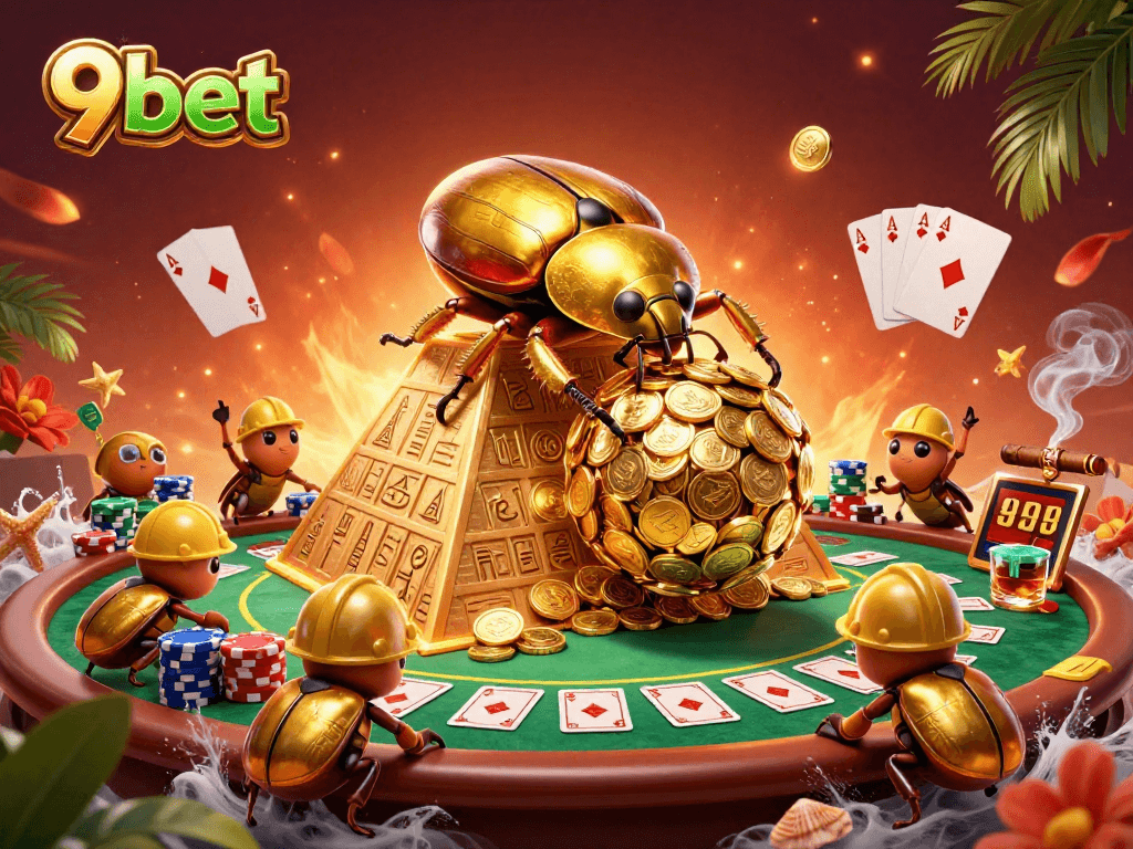 Enhance your gaming experience with 9bet's vibrant casino scene featuring golden beetles and poker elements.