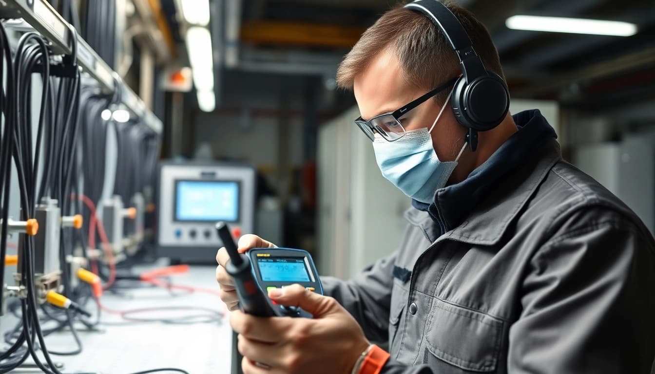 Technician conducting a Prüfung ortsveränderlicher elektrischer Betriebsmittel with safety equipment.