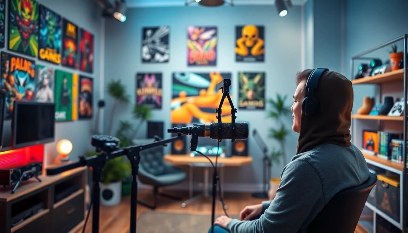 Aufnahme eines Gaming Podcasts in einem modernen Podcast-Studio mit lebhafte Farben.