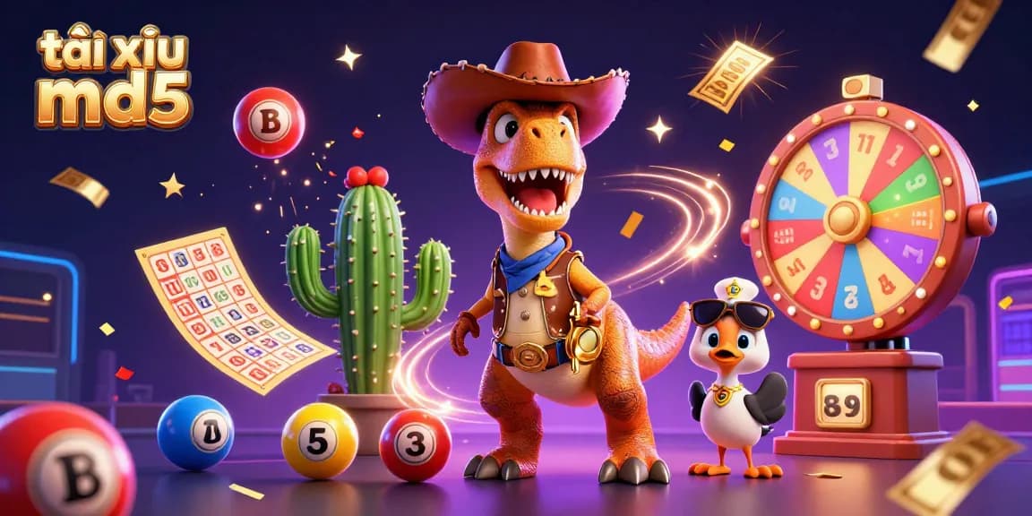Tài xỉu md5 game elements come to life with a vibrant scene featuring a T-Rex, cactus, and roadrunner amidst lottery excitement.
