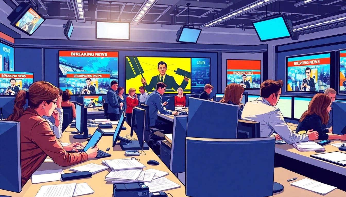 Aktuelle Meldungen in einem modernen Nachrichtensprecherzimmer mit Journalisten bei der Arbeit.