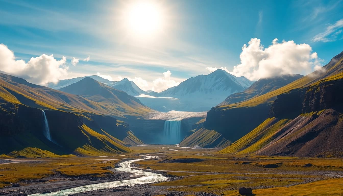 Erlebe eine faszinierende Reise nach Island mit Gletschern und Wasserfällen in einer atemberaubenden Landschaft.