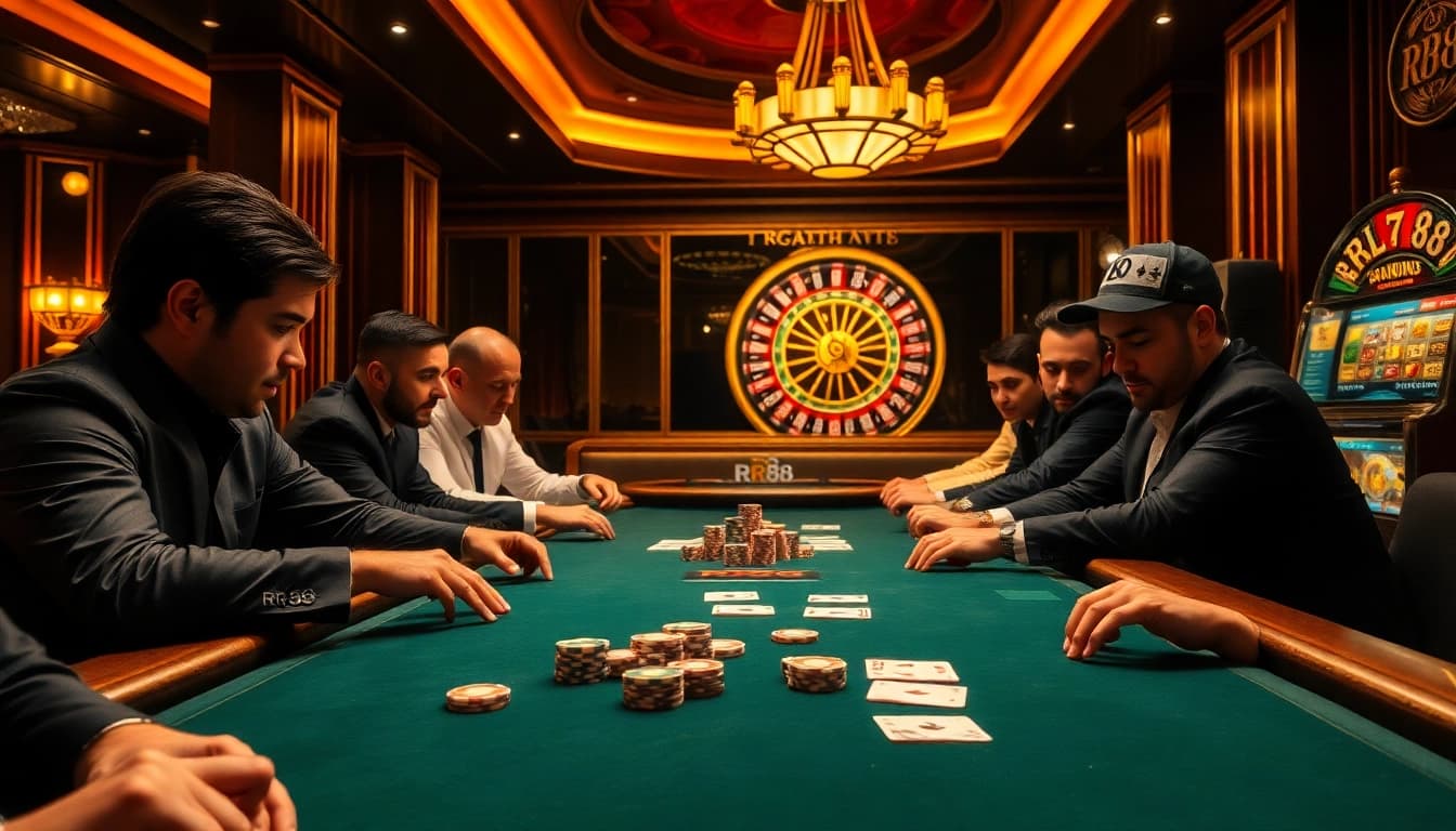 Experience the thrill of RR88 with high-stakes poker action at a luxury casino table.