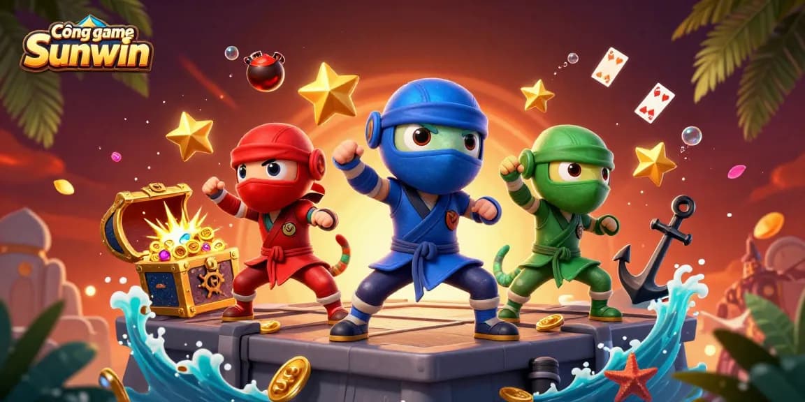 Cổng game Sunwin showcases a ninja chameleon team in action with vibrant graphics in a rich casino scene.