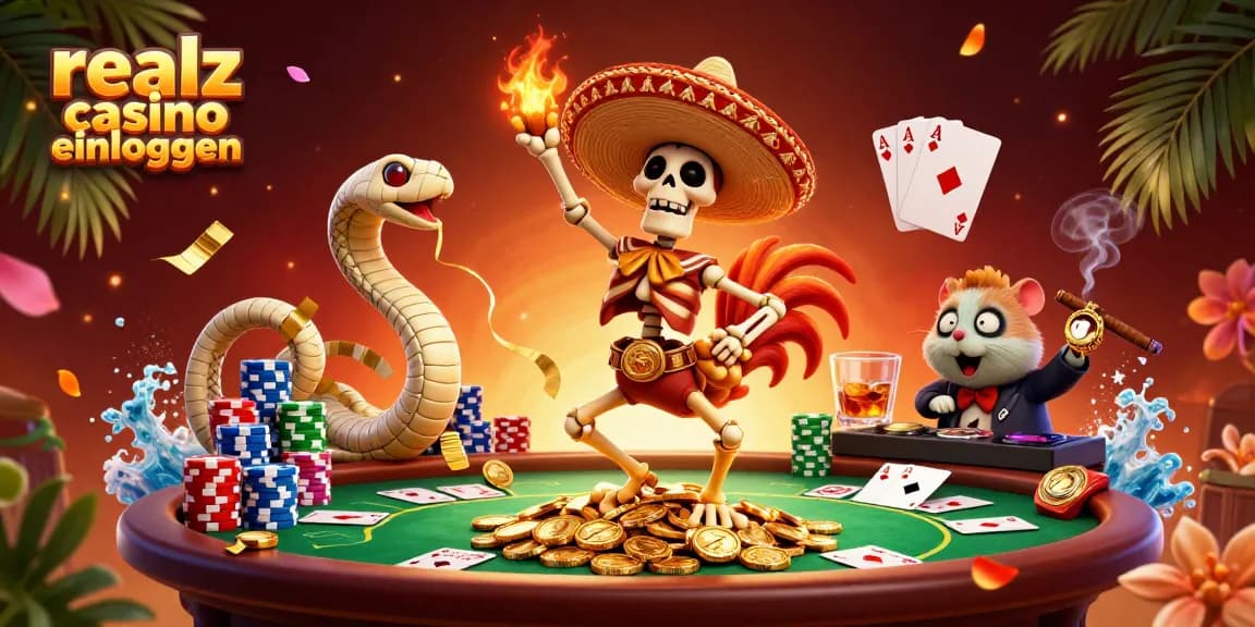 Realz Casino einloggen: Eine Szene mit einem tanzenden Skelett-Mariachi und Casino-Elementen.