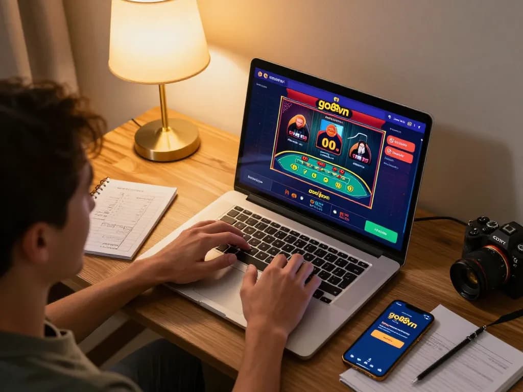 Person enjoying online gaming with go88vn interface on laptop in a cozy home setting