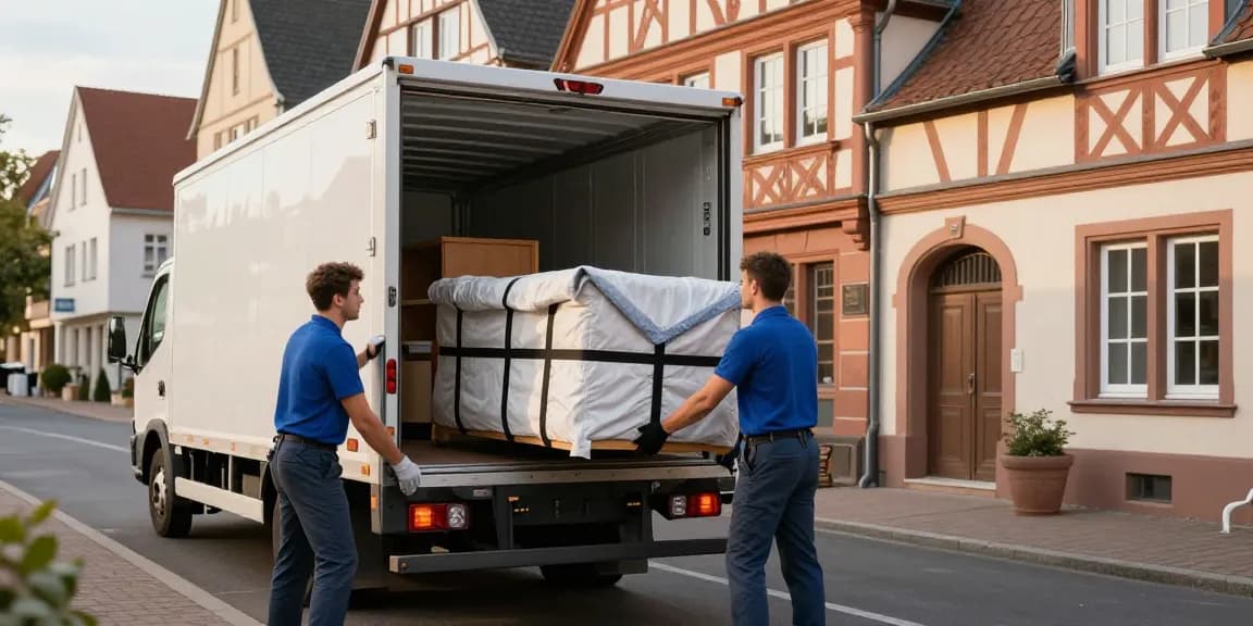 Umzugsunternehmen Worms - Professionelles Team lädt Möbel in Umzugswagen in der Innenstadt.
