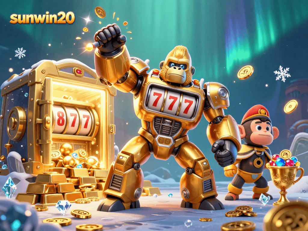 Experience epic wins with sunwin20: a thrilling 3D gambling adventure showcasing a golden gorilla mech and treasure vault.