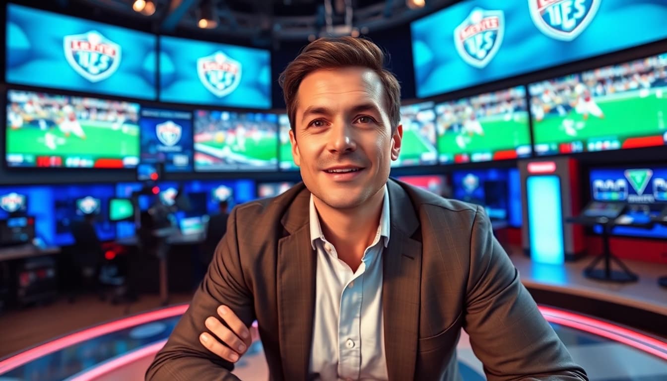 Dynamic sports broadcasting anchor presenting thrilling highlights in a modern studio setting.