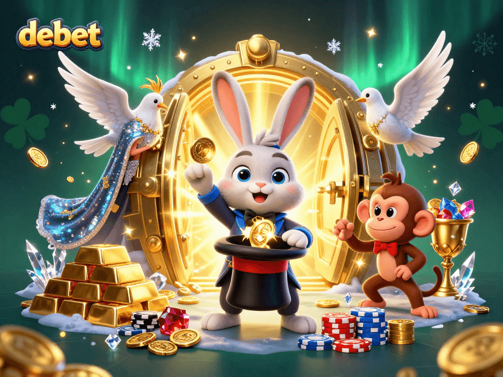 Experience the thrill of debet as the magician rabbit unveils golden treasures in this vibrant casino scene.