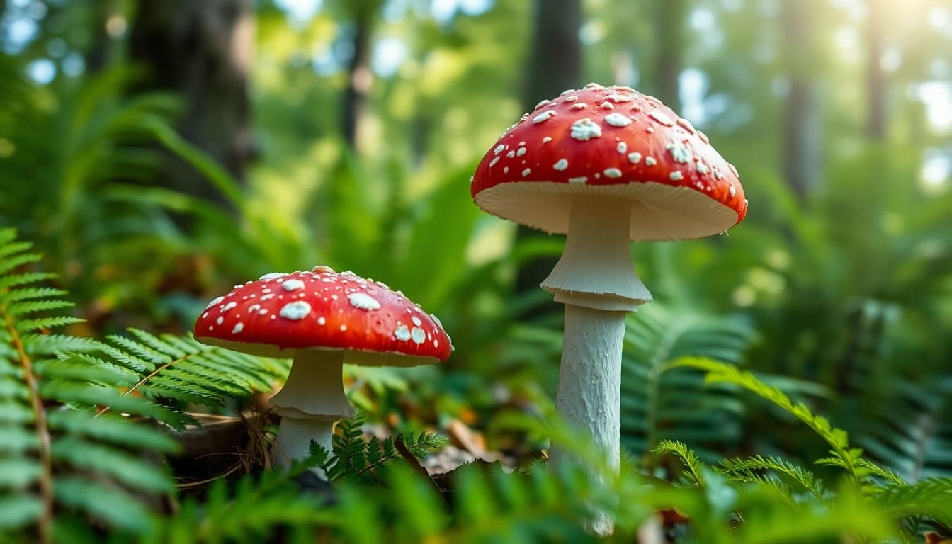 Fliegenpilz bestellen: Handgepflückter Fliegenpilz in einer inspirierenden Waldlandschaft.
