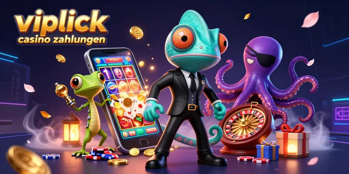 Impression von vipluck casino zahlungen in einer aufregenden 3D-Szene mit einem Agenten, einem Gecko und einem Tintenfisch.