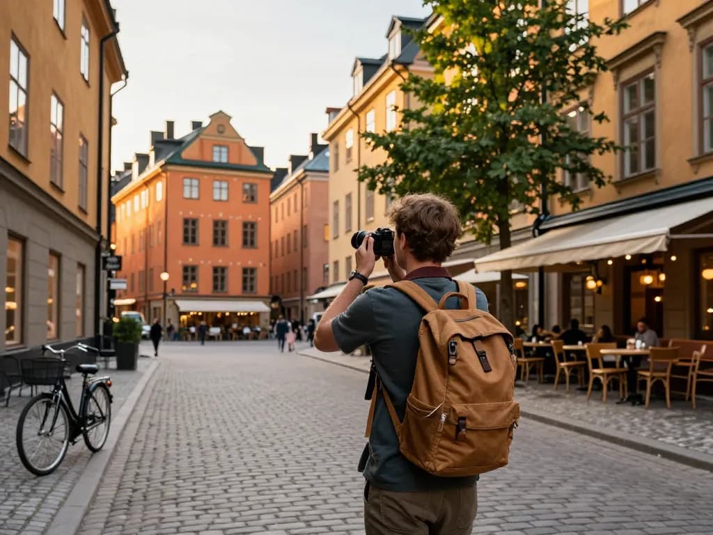 Reisetipps in Stockholm: ein Reisender, der Momente in Gamla Stan mit historischen Gebäuden und Cafés festhält.