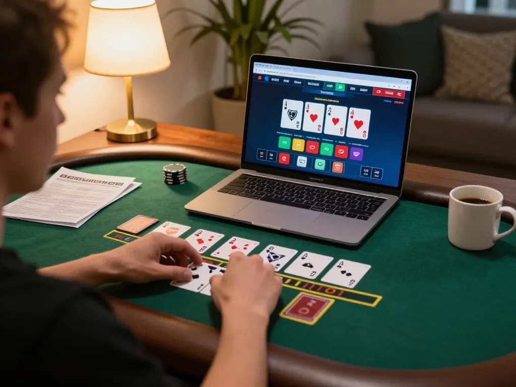 Engaged player using 56WIN platform for live dealer blackjack game at home.