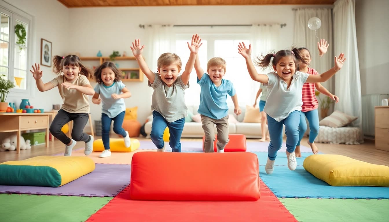 Bewegte Kinder spielen drinnen, mehr dazu lesen ueber kreative Spielideen.