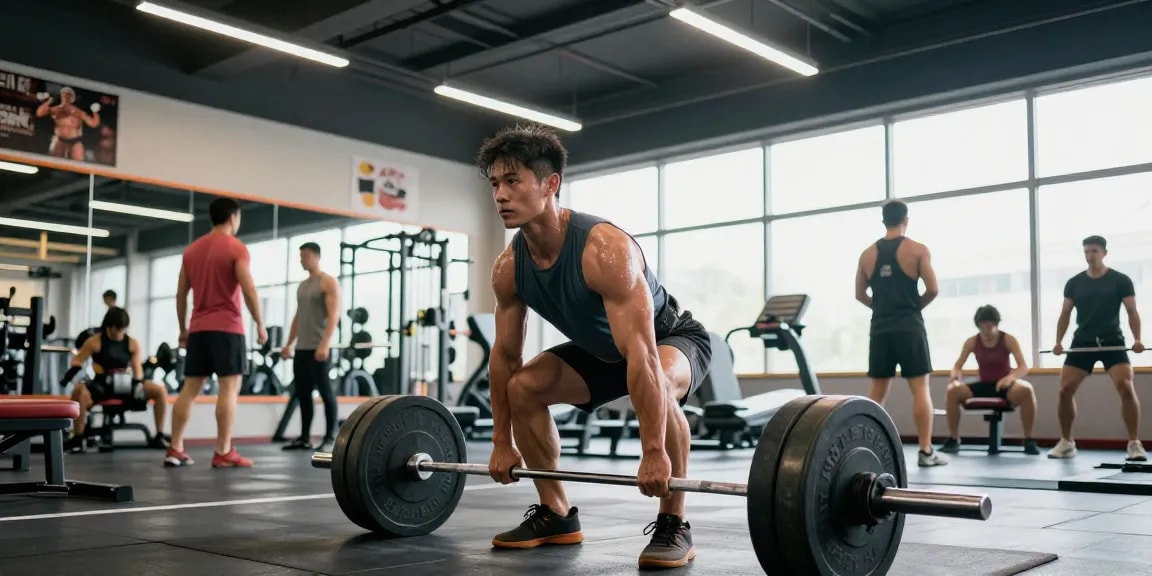 Im Anabolika Shop trainiert ein muskulöser Sportler mit Gewichten in einem modernen Fitnessstudio.