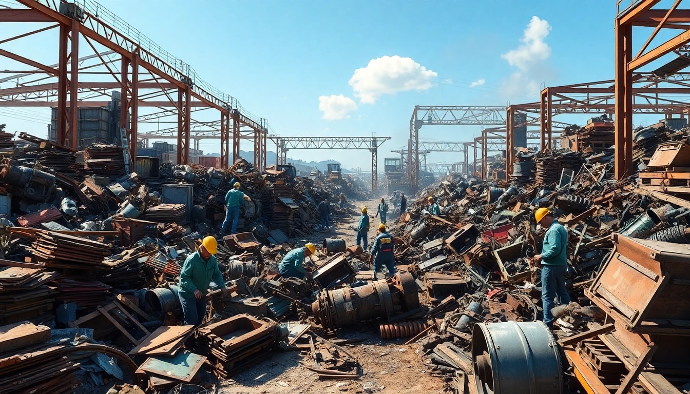 Workers engaged in Schrotthandel Remscheid, sorting scrap metal in a busy scrapyard.