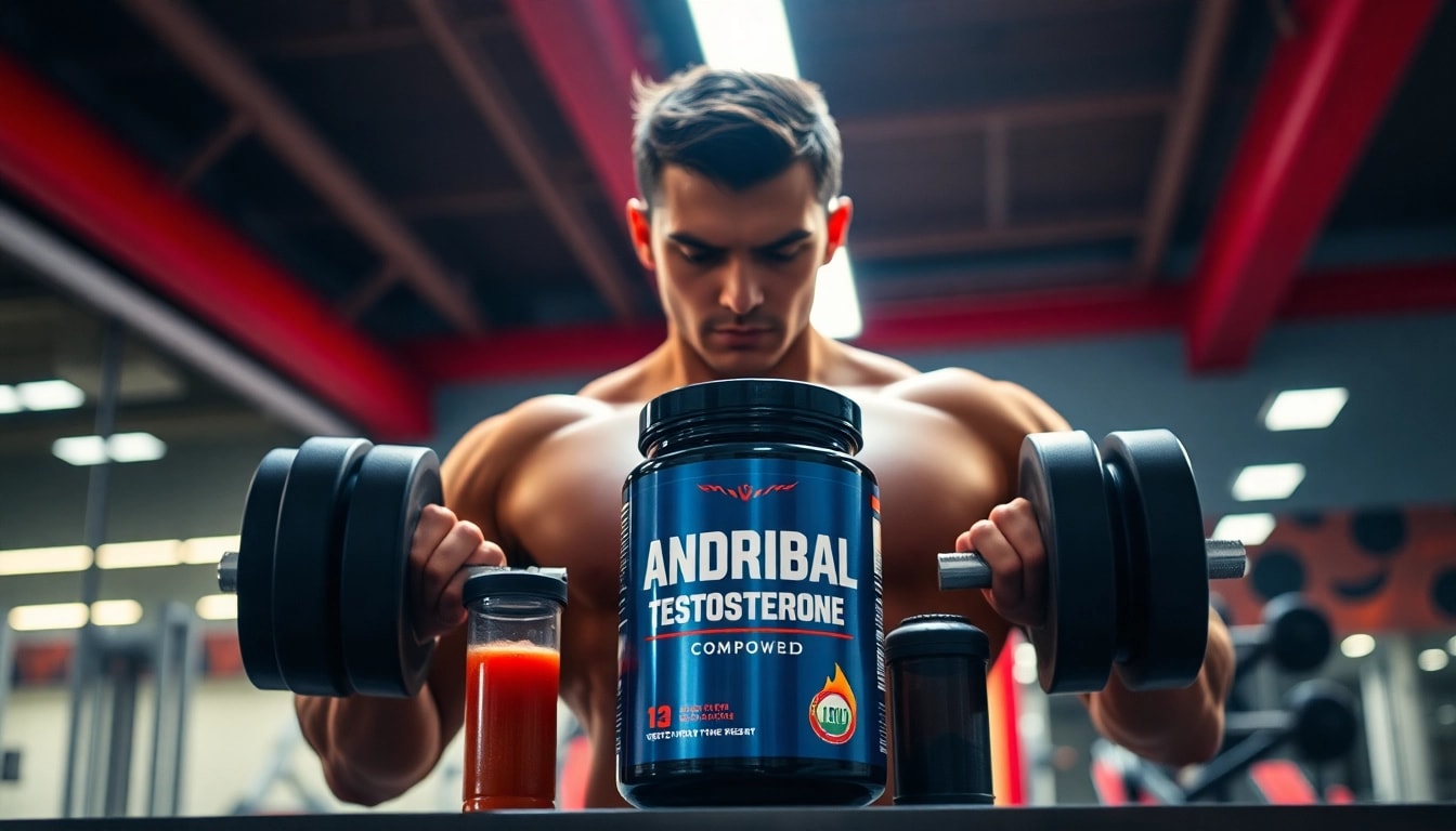 Androbal Testosterone Compound bei einem Bodybuilder im Fitnessstudio.