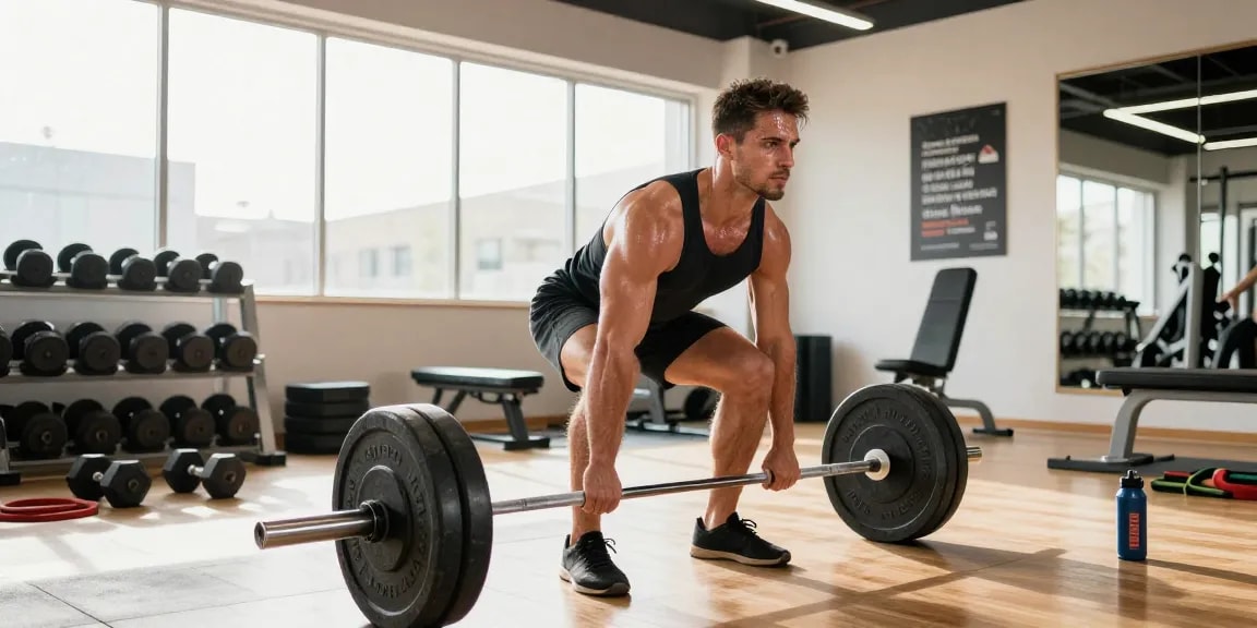 Aktiver Bodybuilder beim Training mit Utinon Steroide im modernen Fitnessstudio, umgeben von hochwertigem Equipment.