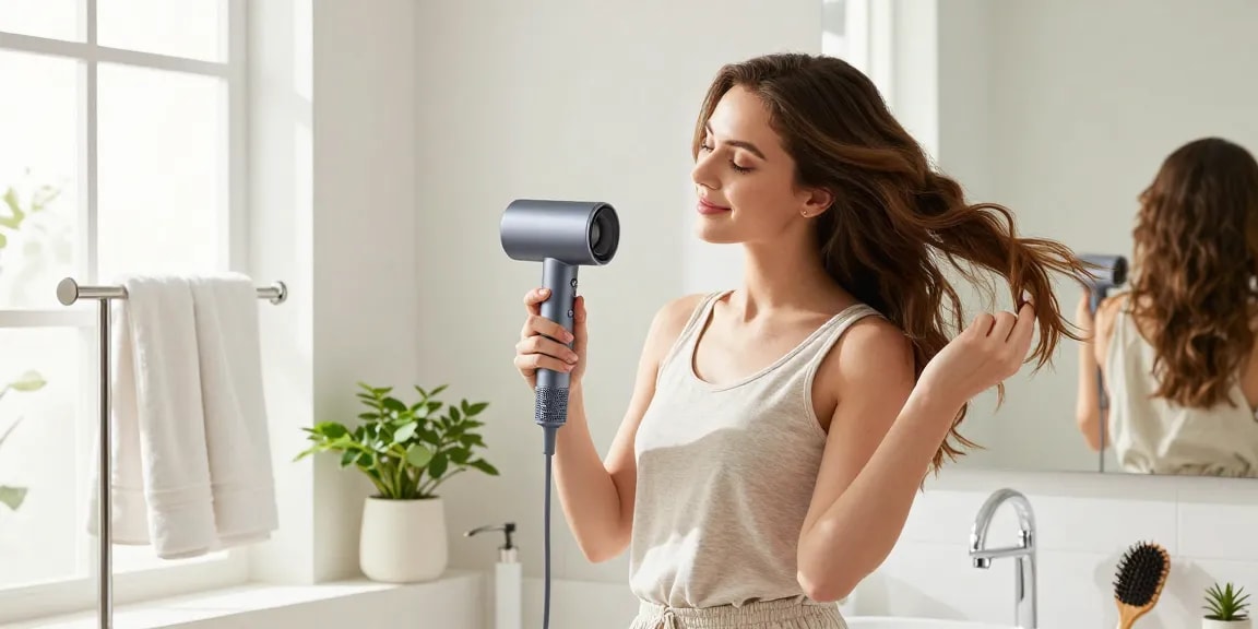 Young woman drying hair with a small hair dryer in a modern bathroom.