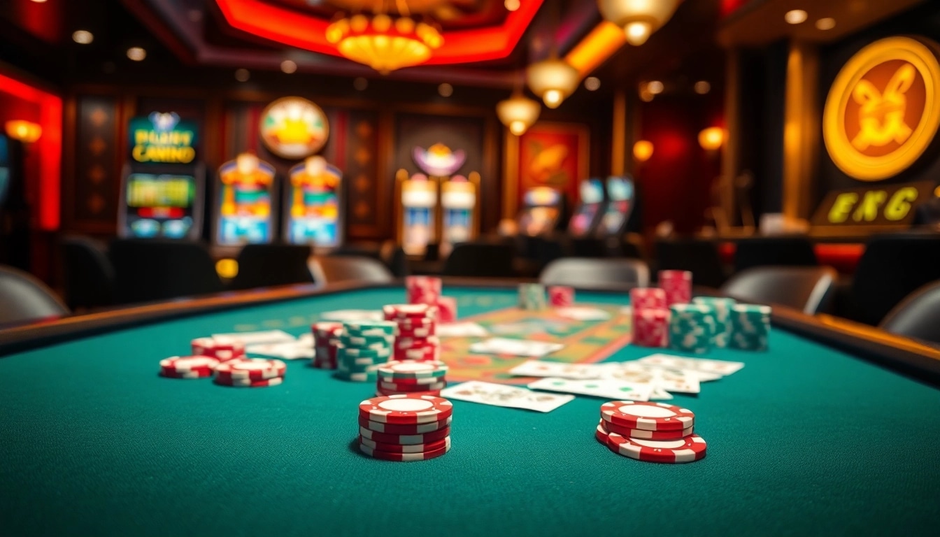Erleben Sie aufregende Casino Spiele.de mit Pokerchips und Karten in einem eleganten Spielsaal.