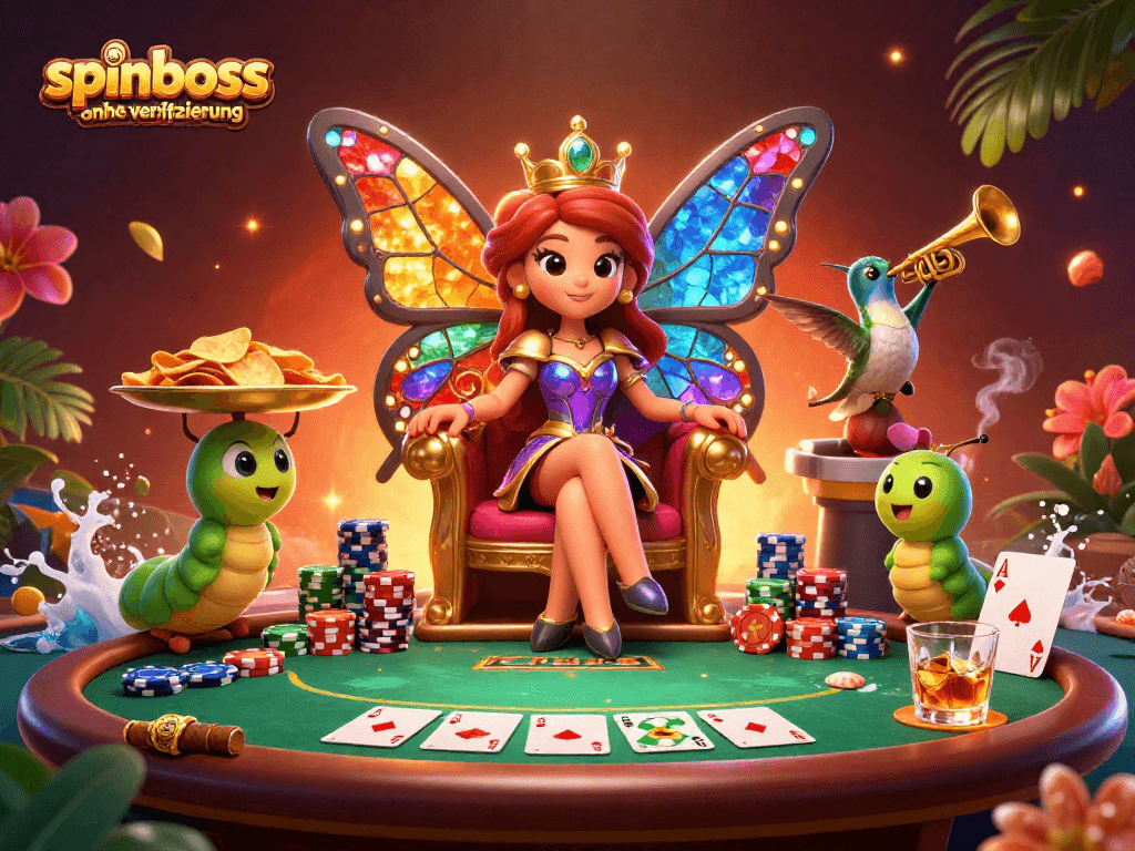 Erlebe spinboss ohne Verifizierung mit einer fantastischen Casino-Szene, die eine königliche Schmetterlingskönigin darstellt.