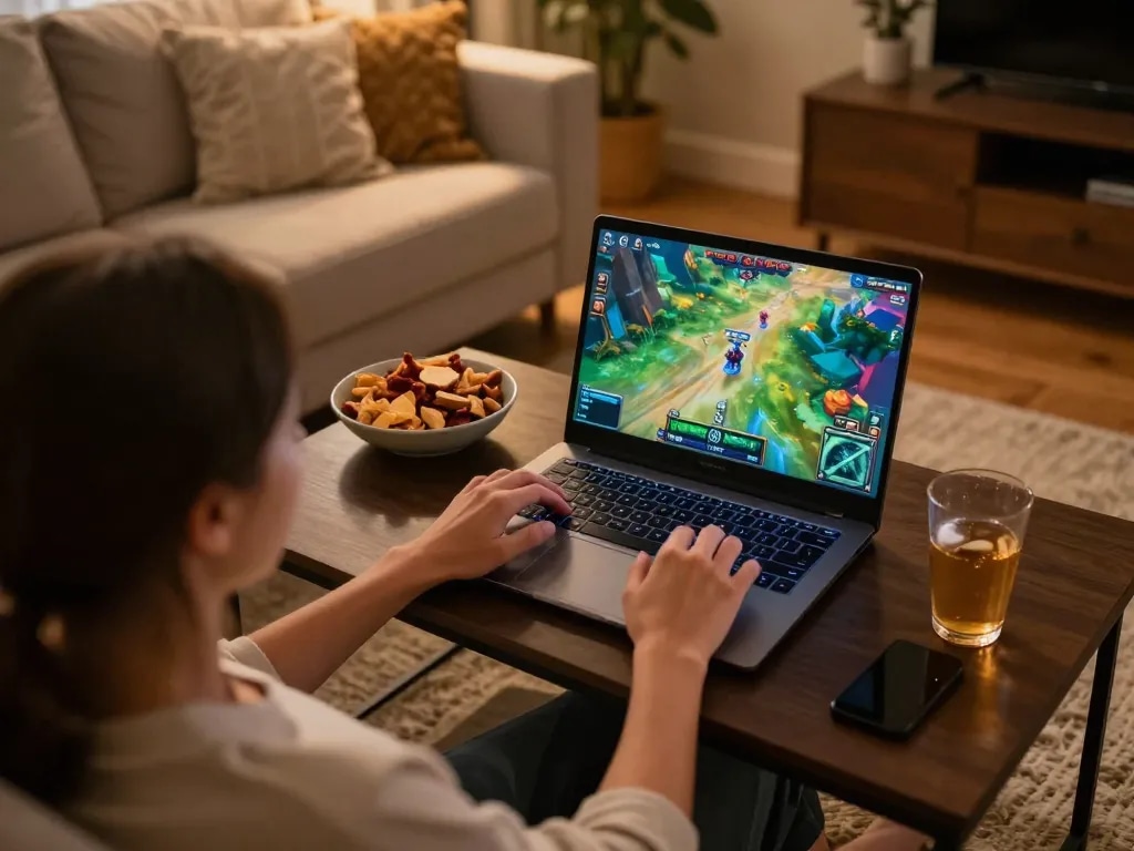 Engaging in a thrilling game of GO88 on a laptop, showcasing a vibrant home gaming atmosphere