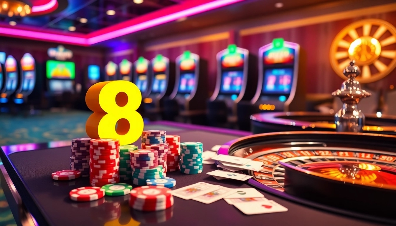 Engaging scene of S8 online gambling with casino tables and vibrant slot machines.