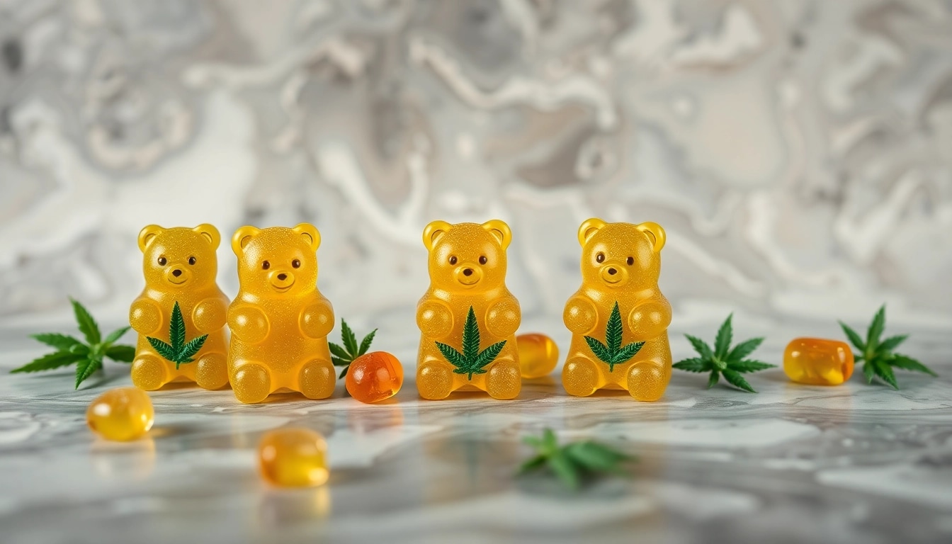 Verlockende THC Gummibären in verschiedenen Farben auf einem stilvollen Tisch arrangiert.
