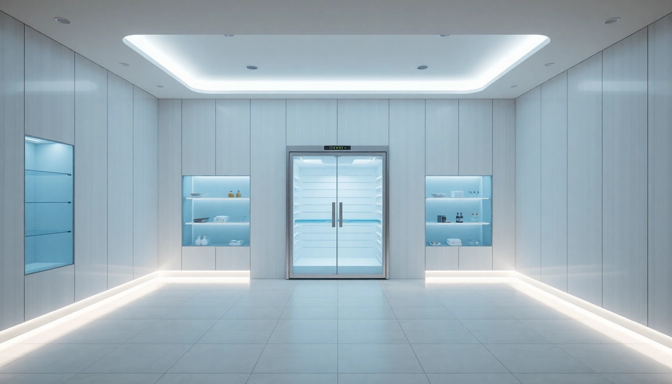 Kältekammer im minimalistischen Design zeigt einen einladenden Raum für Kryotherapie-Behandlungen.
