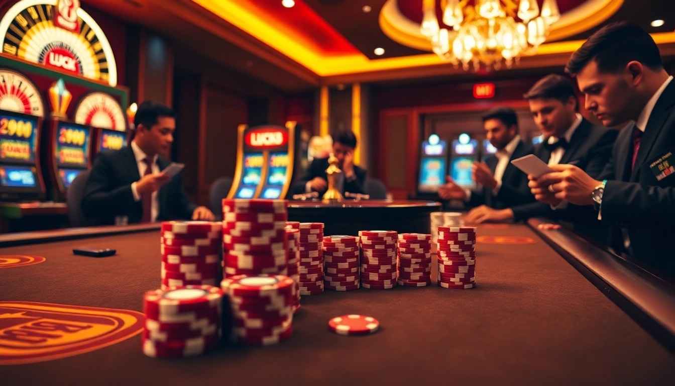 Trải nghiệm cảm giác hồi hộp tại LUCK8 khi người chơi đắm mình trong một không gian casino sôi động với các chip poker và máy đánh bạc sáng đèn.